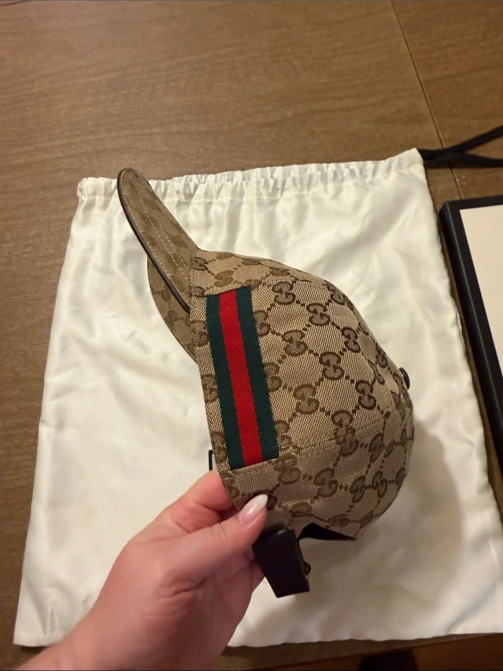 Gucci Brown GG Supreme Canvas Cap with Green-Red Web